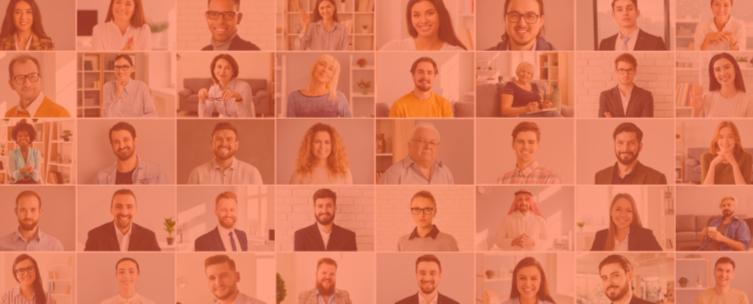 A grid with pictures of diverse HR people from different cultural backgroundsand gathering online, sharing ideas and smiling.