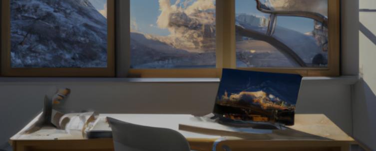 A desk with a laptop and a chair in front of a window facing the mountains.