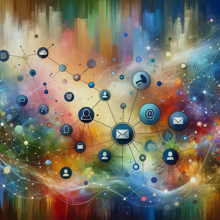 Network of communication icons linked by lines on a vibrant, abstract background.