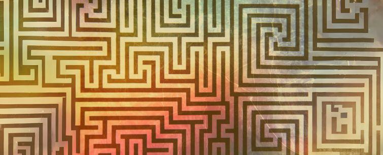 A colorful abstract background with a maze in the center