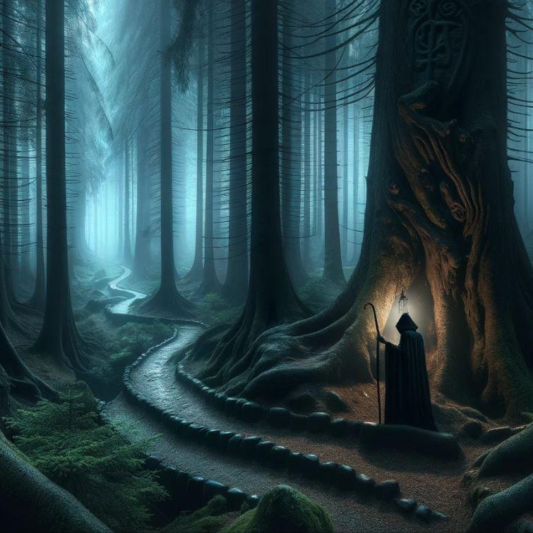 A person standing in the middle of a dark forest.