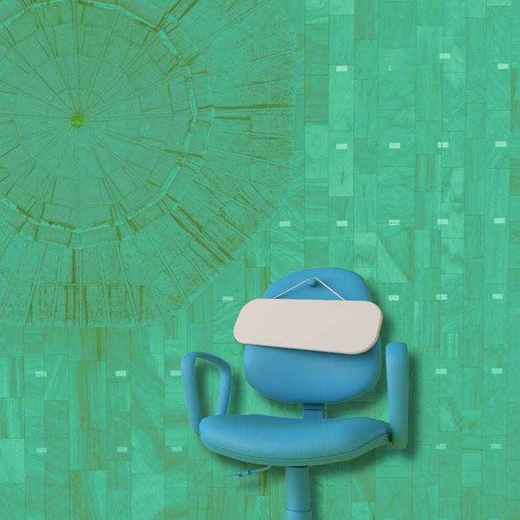 A blue office chair with an eye mask on it on a blue shade patterned background.