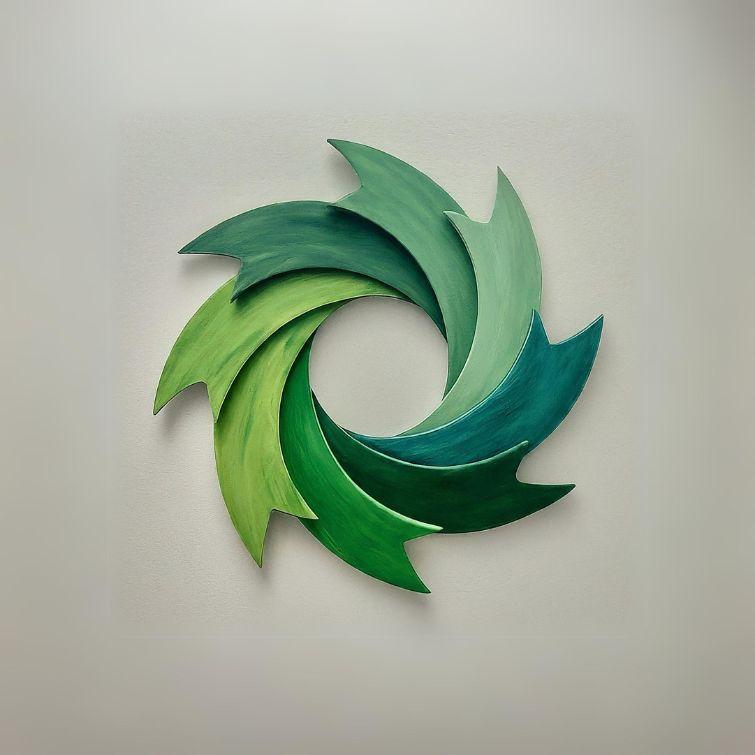 A green and blue circular sculpture with five green colored arrows representing the employee cycle phases on a white wall.