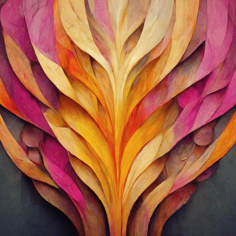A colorful abstract painting of leaves intertwined forming and ascending force pattern on a black background