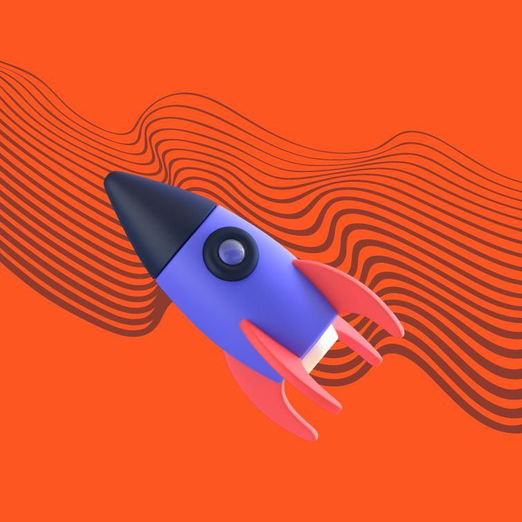 A rocket is taking off on a ripple-patterned background.